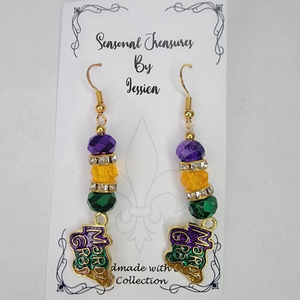 Handmade Beaded Purple, Gold and Green Mardi Gras Earrings
